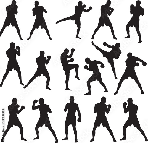 Boxing Silhouette Collection Vector White Color Background