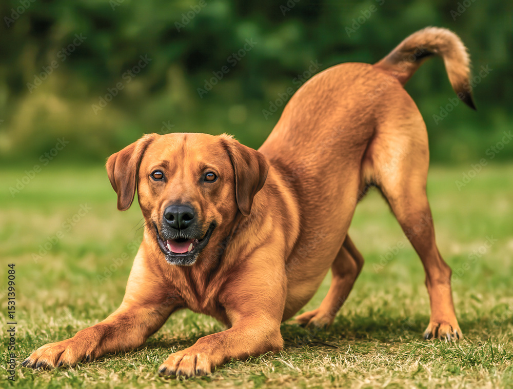 Playful brown labrador retriever bowing on grass in a playful stance Playful brown labrador retriever bowing on grass in a playful stance