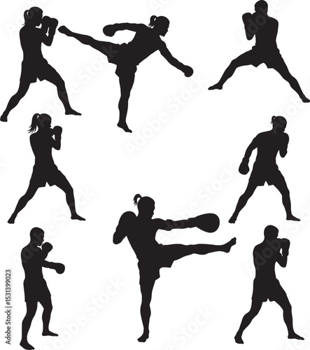Boxing Silhouette Collection Vector White Color Background