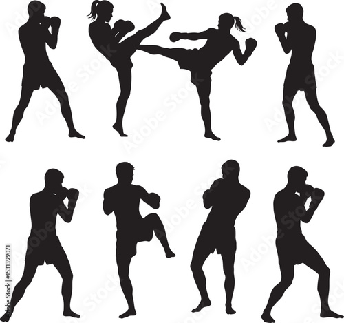 Boxing Silhouette Collection Vector White Color Background