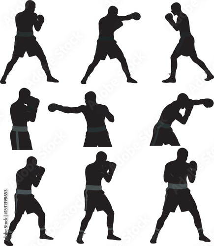 Boxing Silhouette Collection Vector White Color Background