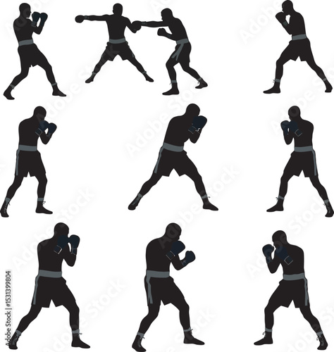 Boxing Silhouette Collection Vector White Color Background