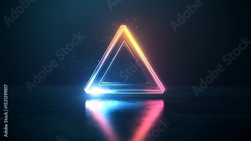 A glowing holographic logo with smooth, flowing lines, surrounded by digital light particles in a dark environment