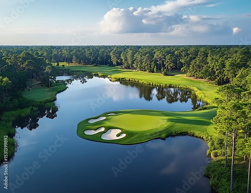 Scenic golf course island green aerial view