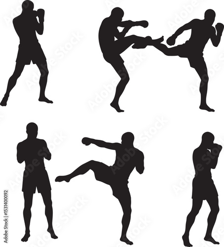 Boxing Silhouette Collection Vector White Color Background