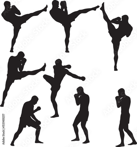 Boxing Silhouette Collection Vector White Color Background