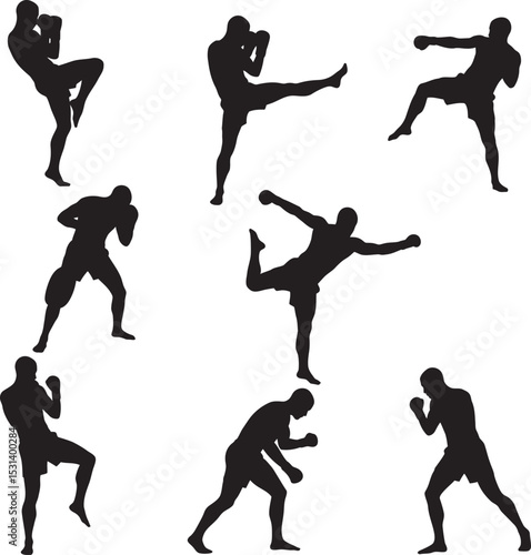 Boxing Silhouette Collection Vector White Color Background