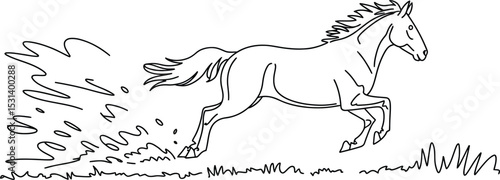 A galloping horse gracefully runs across a grassy field, its mane and tail flowing in the wind