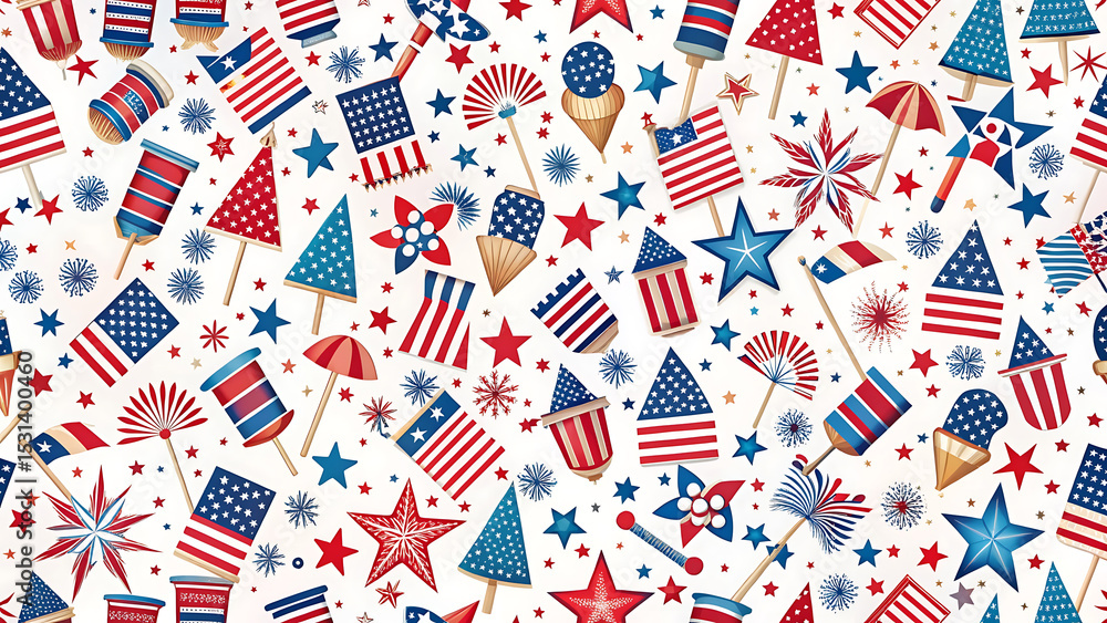 Obraz premium Seamless Patriotic Firecracker Pattern with Stars and Flags for Fabric