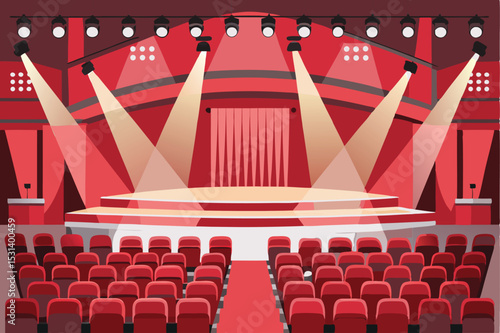 A red theater stage with spotlight and empty seats waiting for an audience