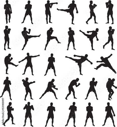 Boxing Silhouette Collection Vector White Color Background