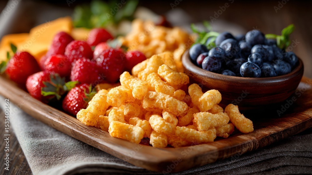A light summer snack board with cheese curls, berries and muted napkin texture A light summer snack board with cheese curls, berries and muted napkin texture