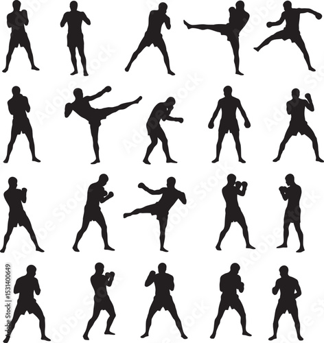 Boxing Silhouette Collection Vector White Color Background