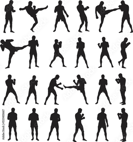 Boxing Silhouette Collection Vector White Color Background