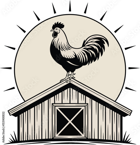 Rooster Crowning Atop Rustic Wooden Barn Under a Sunburst