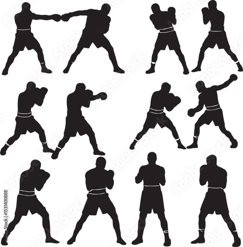 Boxing Silhouette Collection Vector White Color Background