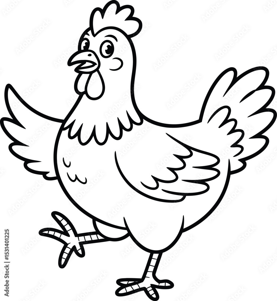 Obraz premium A Happy Hen Cartoon: Line Art for Coloring Pages