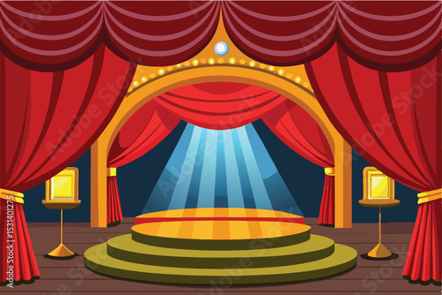 Cartoon illustration of a theater stage with red curtains spotlight and decorative elements
