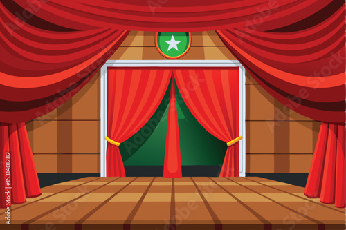 Animated theater stage with red curtains and a green backdrop for performances