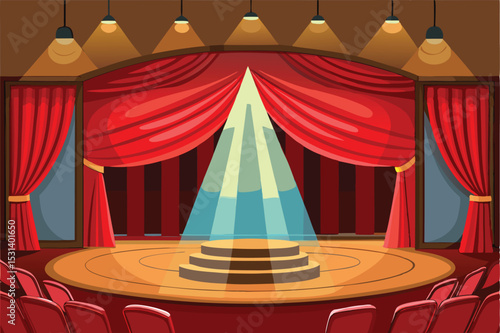 Cartoon stage scene with red curtains spotlights and auditorium seating illustration