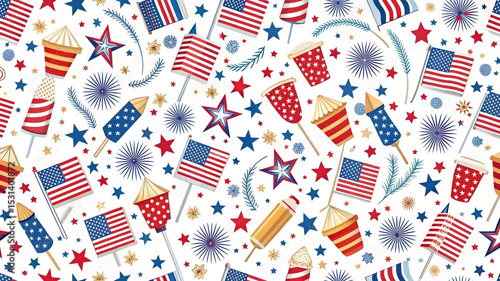 Seamless Patriotic Firecracker Pattern with Stars and Flags for Fabric Seamless Patriotic Firecracker Pattern with Stars and Flags for Fabric