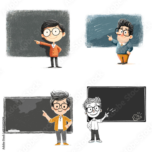 Adorable cartoon teacher characters standing in front of chalkboards, pointing and explaining, perfect for education and classroom concepts.

