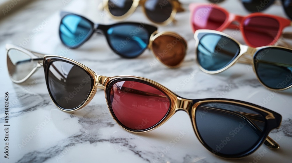 Various Sunglasses with Colored Lenses Arranged on a Marble Table Various Sunglasses with Colored Lenses Arranged on a Marble Table