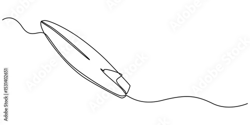 Single one line drawing Surfboard, surfer standing on beach holding surfboard., Continuous one line drawing of surfing longboard in the beach. Surfboard standing up in single line draw illustration. 