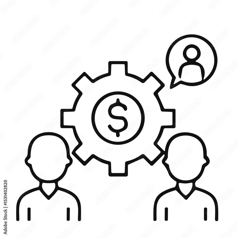 Two people discussing money management with a gear icon Two people discussing money management with a gear icon