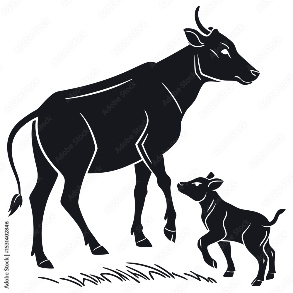 Fototapeta premium Black Vector Silhouette of a Cow Standing Still