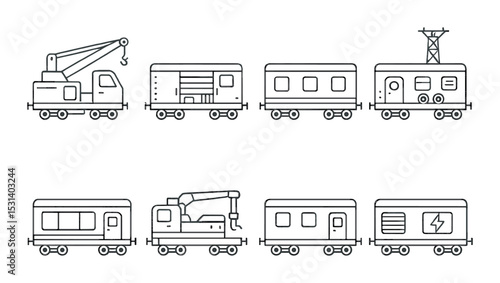 Train carriage set. transportation linear icons. train, crane, carriage, railway, electric vector icons.