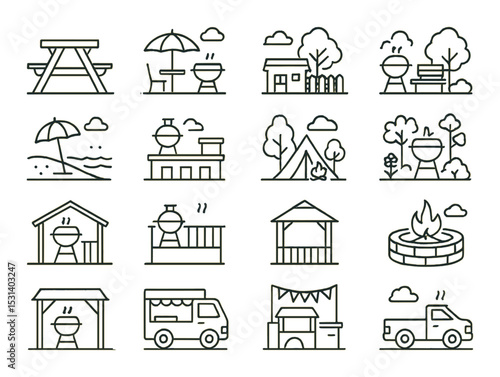 Outdoor leisure set. campground, bbq, picnic, beach, gazebo, firepit linear vector icons.