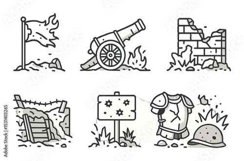 Battlefield set. war elements silhouette icons: flag, cannon, ruins, trench, armor, sign vector icons.
