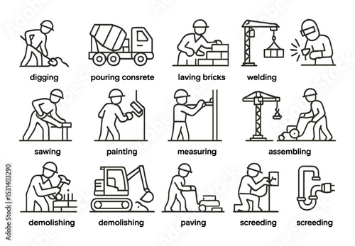 Construction worker set. building flat laborers. dig, weld, paint, assemble, demolish vector icons.