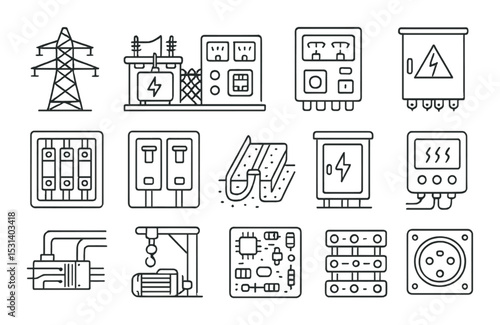Electrical component set. power supply silhouette icons. cable, socket, circuit breaker, transformer vector icons.