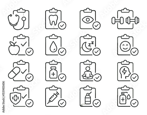 Health and wellness icon set. medical, fitness, flat design. tooth, eye, yoga vector icons.