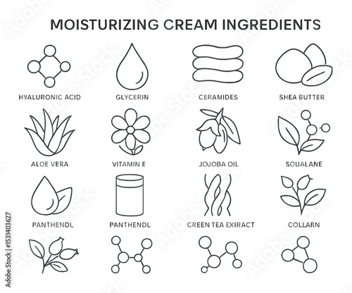 Moisturizing cream set. skincare ingredients linear icons. hyaluronic, aloe, shea, vector icons.