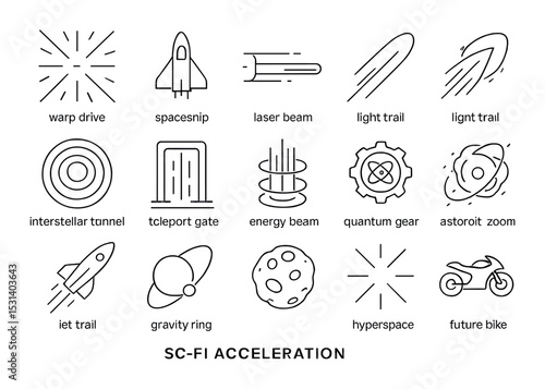 Acceleration set: sci-fi linear icons. warp, spaceship, quantum, future bike, vector icons