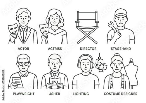 Theater professional set. stage linear icons: actor, director, usher, lighting, costume designer vector icons.