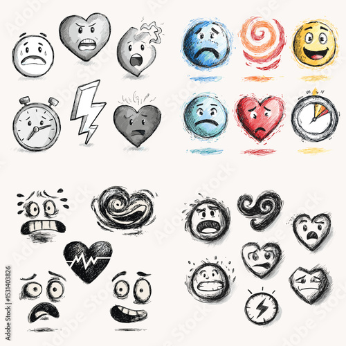 Expressive sketch icons of emotional faces, hearts, symbols, and facial stress reactions for mental health, feelings, or mood tracking illustrations.

