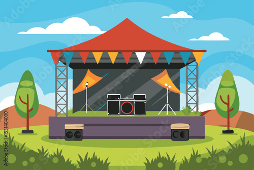 Colorful outdoor music festival stage with banners, speakers, and trees against a blue sky