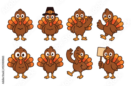 Turkey icon set. thanksgiving flat turkeys. hat, waving, sign, feather, happy, dance vector icons.