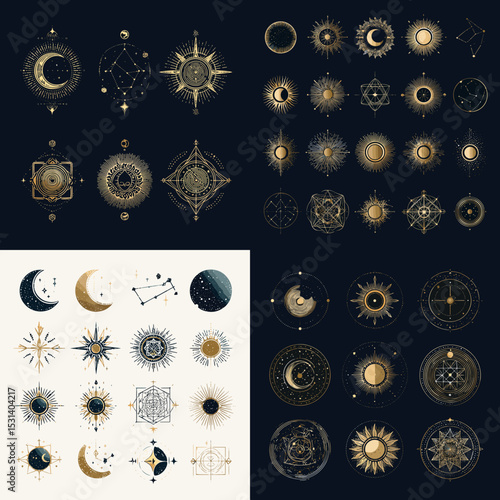 Mystical line art illustrations of moons, suns, constellations, and sacred symbols in gold and black, perfect for astrology, tarot, and cosmic design.

