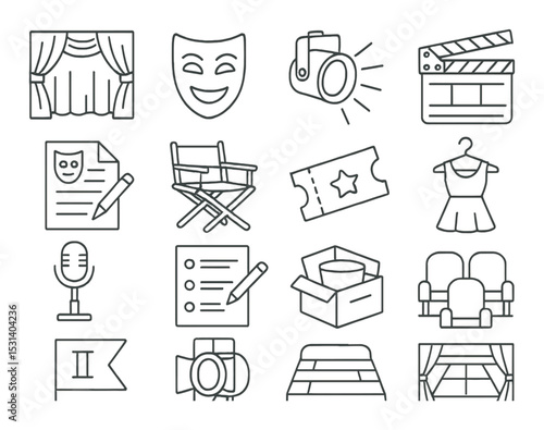 Theater icon set. entertainment linear icons: curtain, mask, camera, ticket, vector icons.