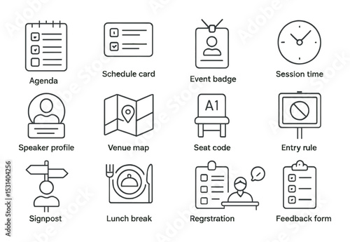 Agenda conference set. event planning linear agenda, schedule, badge, clock, map vector icons.