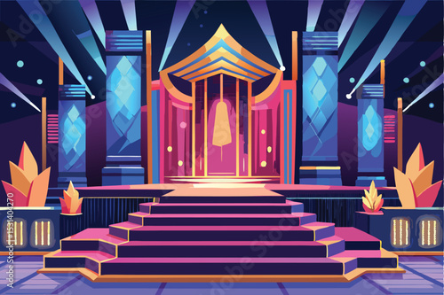 Colorful stage design with stairs columns and bright lights for an entertainment performance