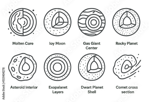 Planetary core set. astronomy silhouette icons. core, moon, gas, rocky, planet vector icons.