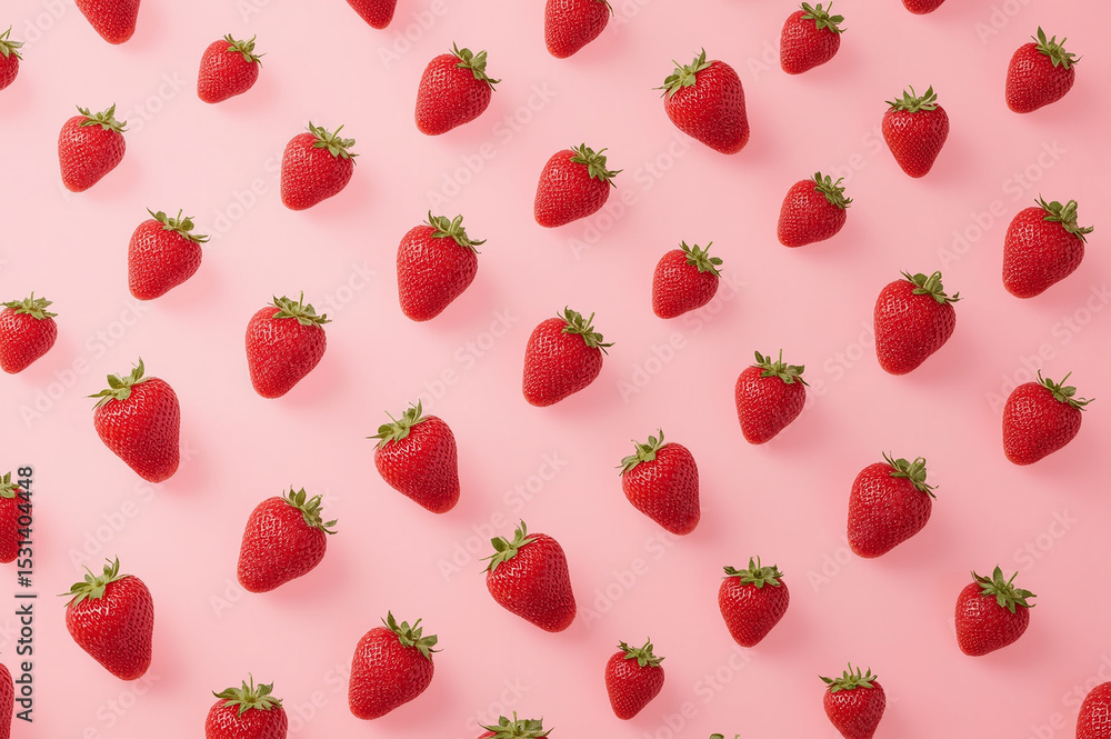 A repeating pattern of fresh strawberries is set against a pink background. The strawberries have a bright red color and vibrant green stems.
A repeating pattern of fresh strawberries is set against a pink background. The strawberries have a bright red color and vibrant green stems.