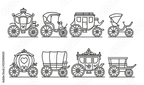 Carriage set. vintage transport linear carriages. coach, stagecoach, buggy, wagon vector icons.