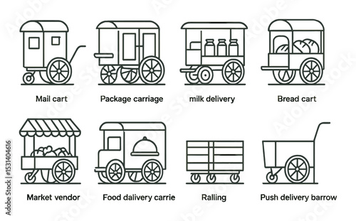 Delivery cart set. bread, milk, mail, market, food, package, push linear vector icons.
